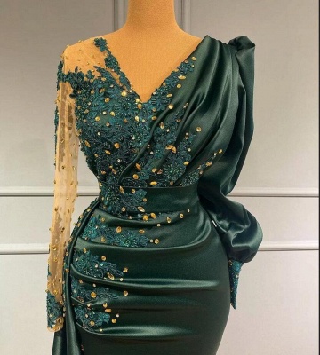 Stylish V-Neck Jade Long Prom Dress Long Sleeves Satin  Beads Evening Maxi Dress_2