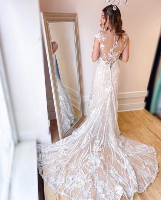 V neck Floral Lace Sleeveless Floor-Length Wedding Dress_3
