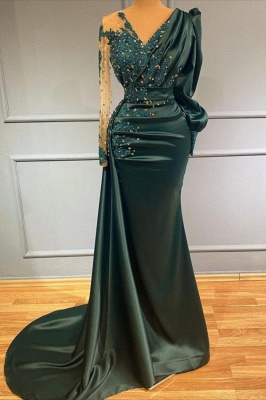 Stylish V-Neck Jade Long Prom Dress Long Sleeves Satin  Beads Evening Maxi Dress_1