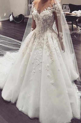 Lindo vestido de noiva de renda floral 3D branco com decote jóia tule aline vestido de noiva com mangas compridas_3