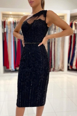 One Shoulder Beadings Short Prom Dress with Lace Appliques_1