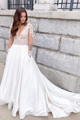 Romantic Soft Lace Wedding Dress Long Sleeves Aline Bridal Dress with V-Neck_1