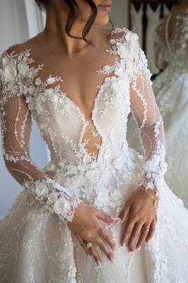 Великолепное свадебное платье с длинными рукавами и мягким цветочным кружевом с V-образным вырезом_4
