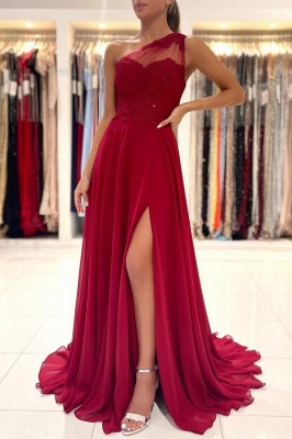 Vestido de fiesta rojo de un hombro Vestido largo sin mangas hasta el suelo con abertura frontal_1