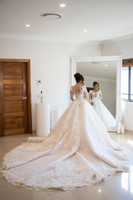 Великолепное свадебное платье с длинными рукавами и мягким цветочным кружевом с V-образным вырезом_2