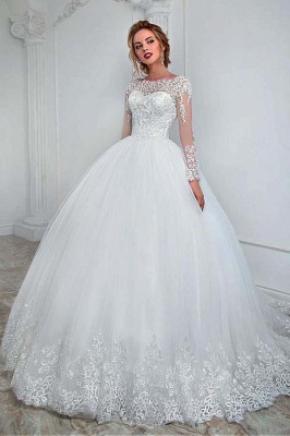 Elegant White Long Sleeves Tulle Bridal Dress Lace Appliques Aline Wedding Gown_1