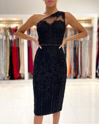 One Shoulder Beadings Short Prom Dress with Lace Appliques_3