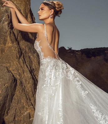 Chic Sleeveless V-Neck Wedding Dress Aline Tulle Brial Dress with Lace Appliques& Pockets_3