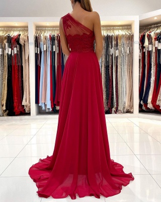 One SHoulder Red Prom Dress Floor  Length Sleeveless Maxi Dress with Front Slit_2