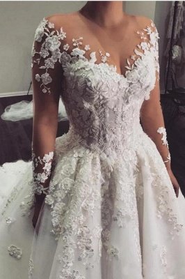 Gorgeous White 3D Floral Lace Wedding  Dress Jewel Neck Tulle Aline Bridal Dress with Long Sleeves_1