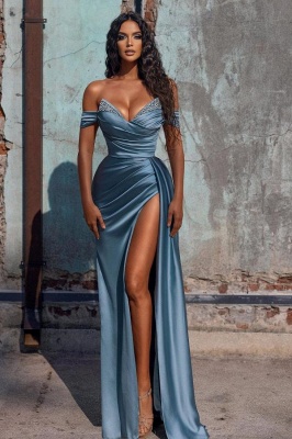 Off-the-Shoulder Satin  Mermaid Prom Dress Side Slit Party Gown with Detachable Tail