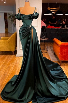 Сексуальное зеленое платье выпускного вечера русалки с открытыми плечами и высоким разрезом_1