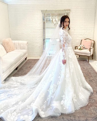 Floral Lace Aline Long Sleeves Floor-Length Wedding Dress_2