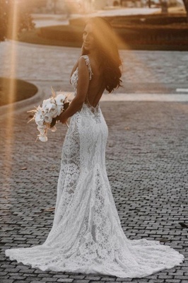 Backless Floral Lace Deep V neck Beading Floor-Length Wedding Dress_1