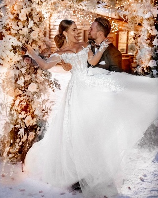 Aline Off-the-shoulder Floral Lace Long Sleeves Wedding Dress_2