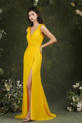 Платье выпускного вечера длиной до пола с глубоким V-образным вырезом без рукавов и разрезом спереди_12