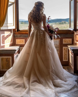 Vestido de novia palabra de longitud Aline de encaje floral con escote corazón sin tirantes_2