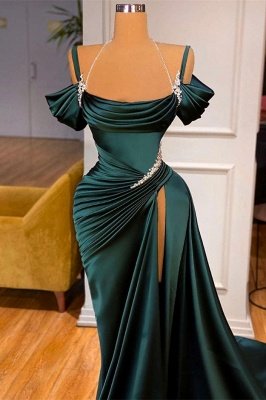 Vestido de fiesta de sirena con abertura alta y hombros descubiertos verde sexy_2