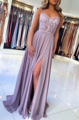 Spaghetti Strapes Split Front Aline Floral Lace Long Prom Dress_1