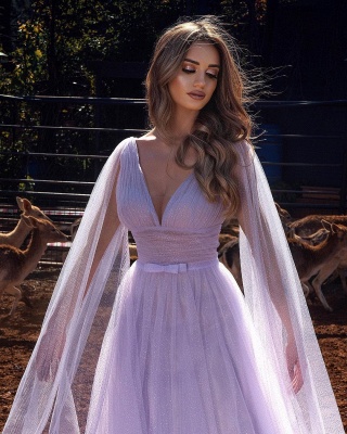 Lavender v-neck a-line flowy tulle prom dress with shawl_2