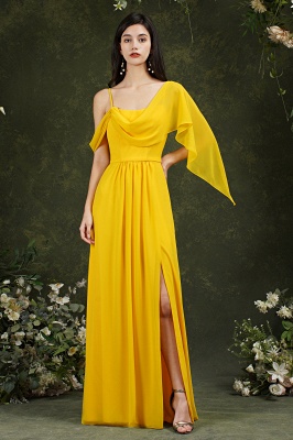 Vestido de dama de honor dividido de gasa de línea A sin espalda con tirantes finos amarillos con bolsillos_10