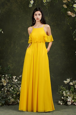 Wunderschönes, gelbes, schulterfreies Brautjungfernkleid aus Chiffon in A-Linie mit Taschen_11