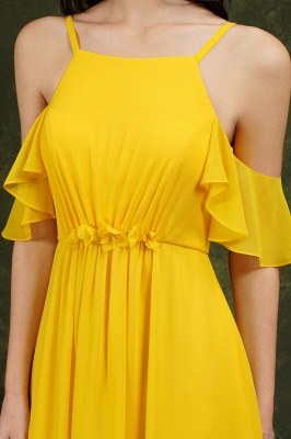 Красивое желтое шифоновое платье подружки невесты с оборками и открытыми плечами с карманами_18