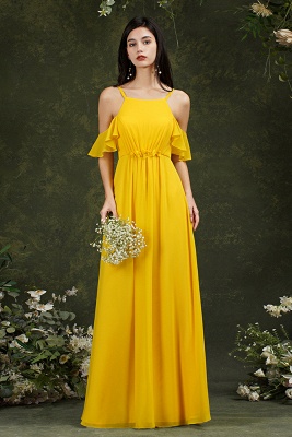 Красивое желтое шифоновое платье подружки невесты с оборками и открытыми плечами с карманами_10