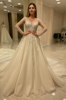 Elegante vestido de noiva Aline com mangas compridas e apliques de renda vestido de noiva_1