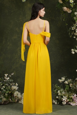 Vestido de dama de honor dividido de gasa de línea A sin espalda con tirantes finos amarillos con bolsillos_14