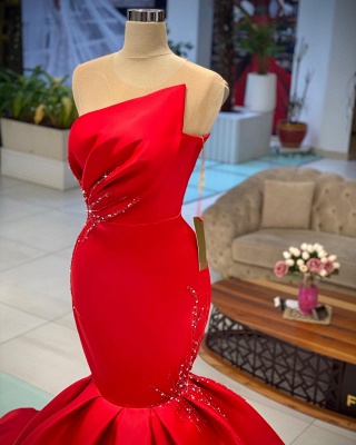 Elegant Red Crew Sleeveless Mermaid Satin Ruffle Prom Dress with Crystal and Sweep Train_2