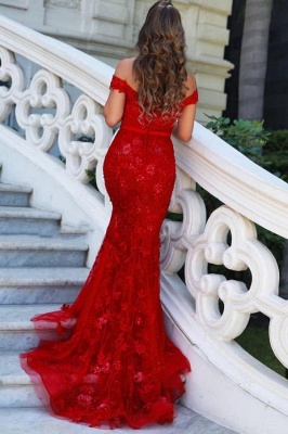 Decent Red Appliques Lace Off-the-shoulder Floor-length Mermaid Prom Dresses_2