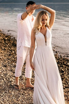 Simple Spägetti Straps Sleeveless Beach Wedding Gowns Bridal Dresses_1