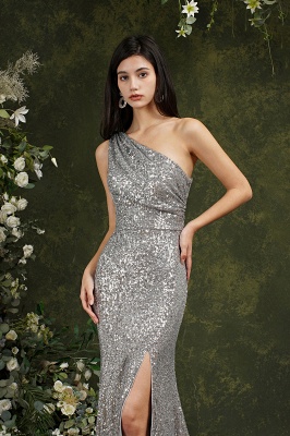 Серебряное длинное платье выпускного вечера Meramid без рукавов на одно плечо_5