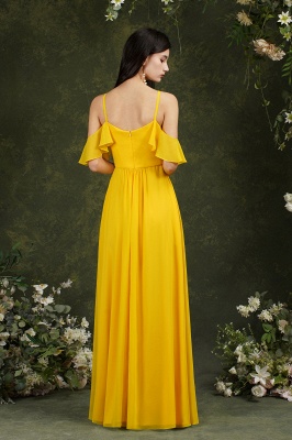 Hermoso vestido amarillo de dama de honor de gasa con volantes y hombros descubiertos con bolsillos_17