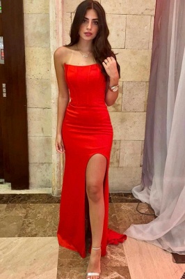 Simple Strapless high split column red prom dress_1