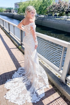 Свадебное платье русалки с открытыми плечами и цветочным кружевом с длинными рукавами_2