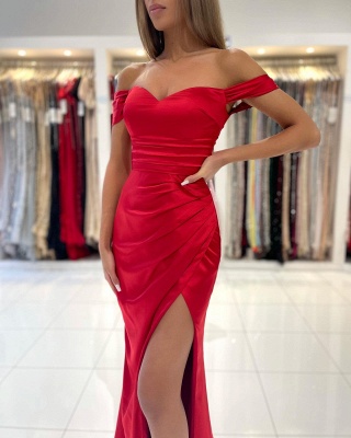Простое красное длинное платье выпускного вечера русалки с открытыми плечами_6