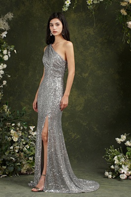 Серебряное длинное платье выпускного вечера Meramid без рукавов на одно плечо_3
