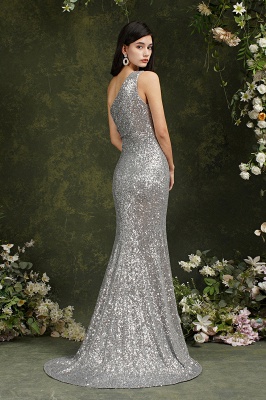 Серебряное длинное платье выпускного вечера Meramid без рукавов на одно плечо_8