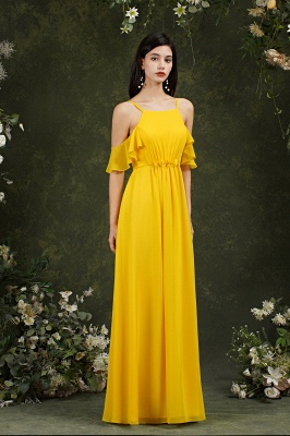 Wunderschönes, gelbes, schulterfreies Brautjungfernkleid aus Chiffon in A-Linie mit Taschen_15