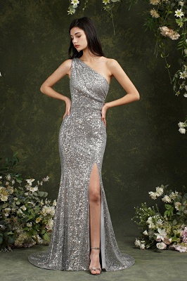 Серебряное длинное платье выпускного вечера Meramid без рукавов на одно плечо_2