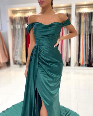 Элегантное атласное зеленое платье выпускного вечера с рюшами и рюшами без рукавов с открытыми плечами_4