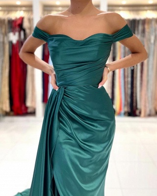 Элегантное атласное зеленое платье выпускного вечера с рюшами и рюшами без рукавов с открытыми плечами_3