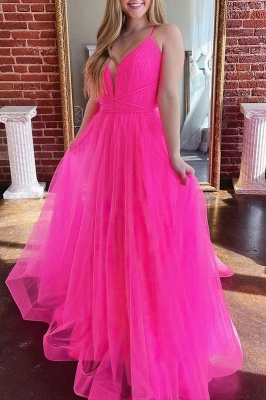 Ярко-розовое пышное платье трапециевидной формы из тюля для выпускного вечера_1