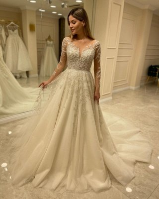Элегантное свадебное платье Aline с длинными рукавами и кружевными аппликациями._3