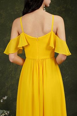 Hermoso vestido amarillo de dama de honor de gasa con volantes y hombros descubiertos con bolsillos_19