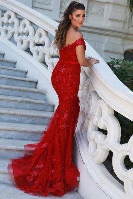 Decent Red Appliques Lace Off-the-shoulder Floor-length Mermaid Prom Dresses_1
