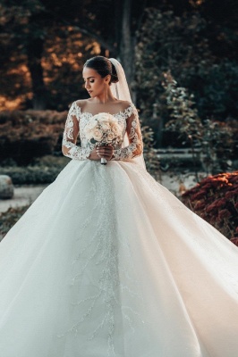 Neues schlichtes, langärmliges A-Linien-Hochzeitskleid aus Spitze mit rückenfreiem Sweep-Zug
