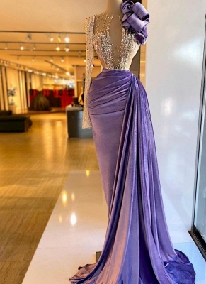 Classy Purple Beading One Shoulder Long Sleeve V-neck Tddecoration Column Prom Dresses